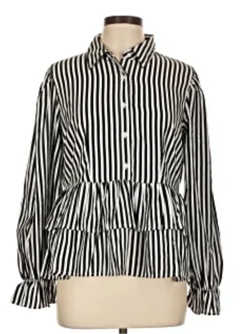 Black & White Striped Peplum Button-Up Top